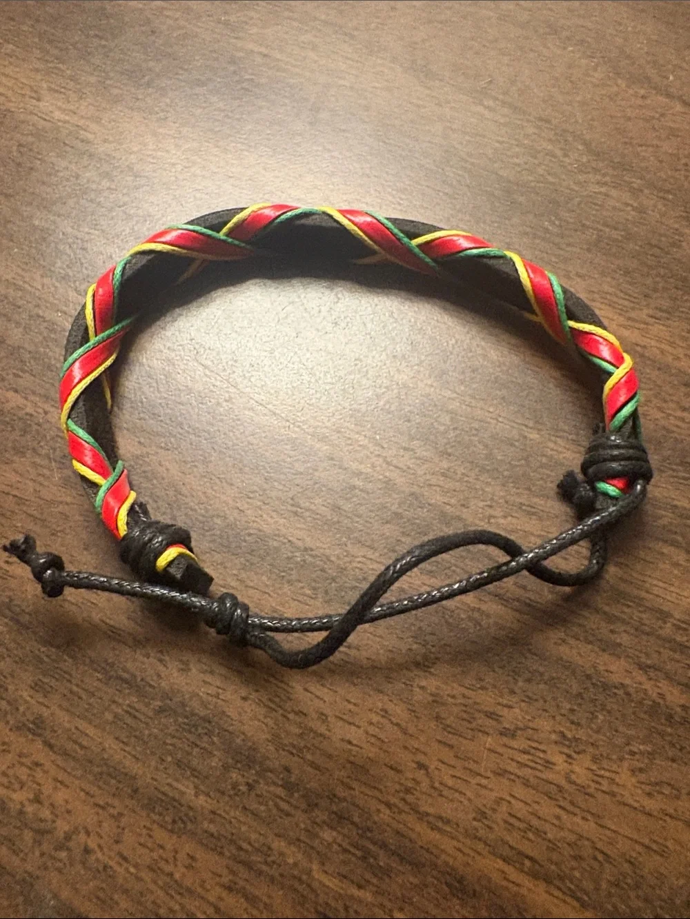 Black Braided Leather Bracelet with Red, Yellow & Green Accents